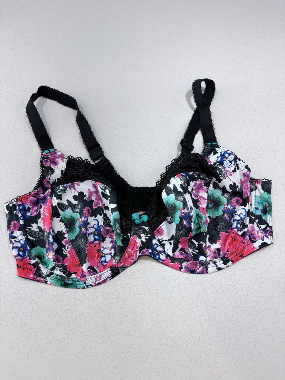 Elomi Black Floral Underwire Bra with Pink & Teal Accents